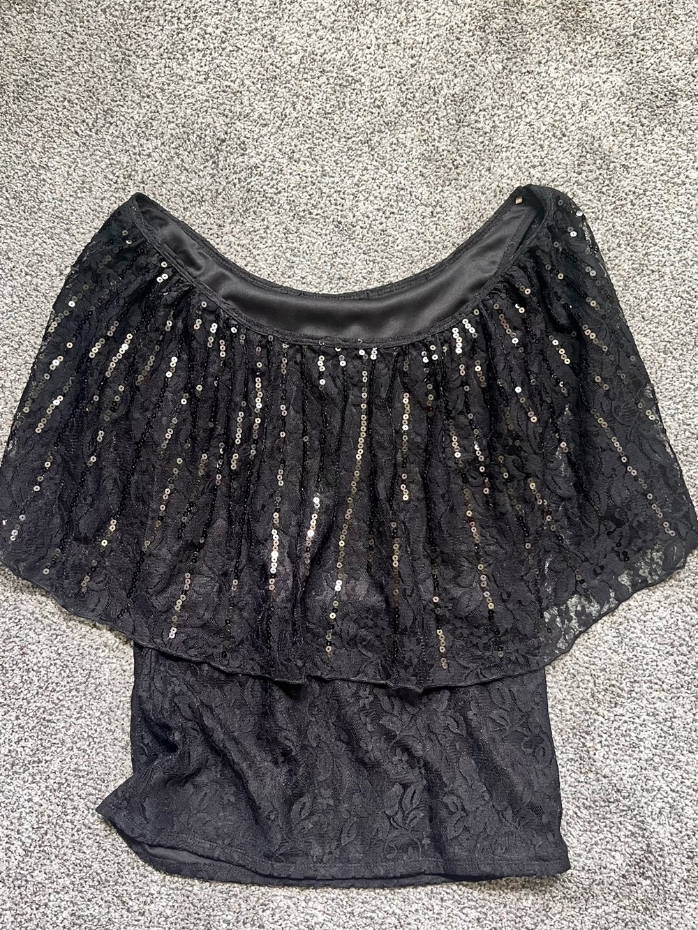 Black Sequin Lace Off-Shoulder Top